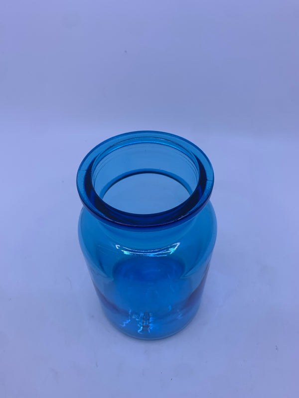 BLUE GLASS JAR W/ THICK NECK.