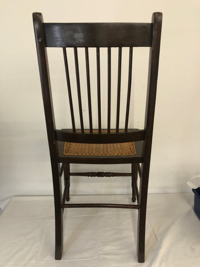 VTG DARK WOOD ACCENT CHAIR W TAN SEAT.