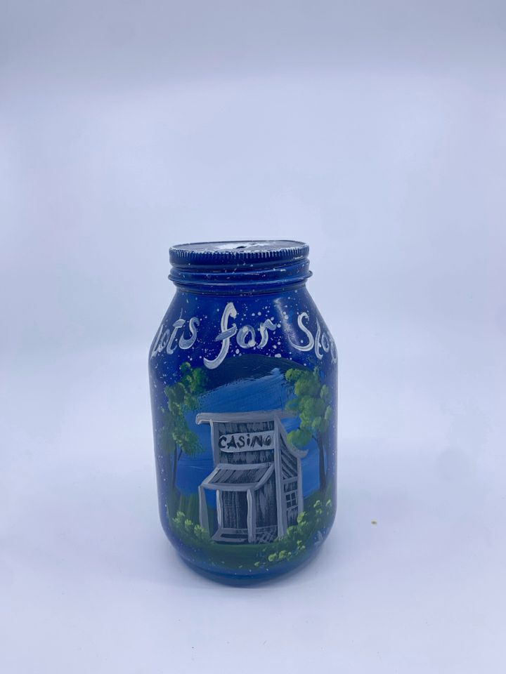 BLUE PAINTED MASON JAR BANK.