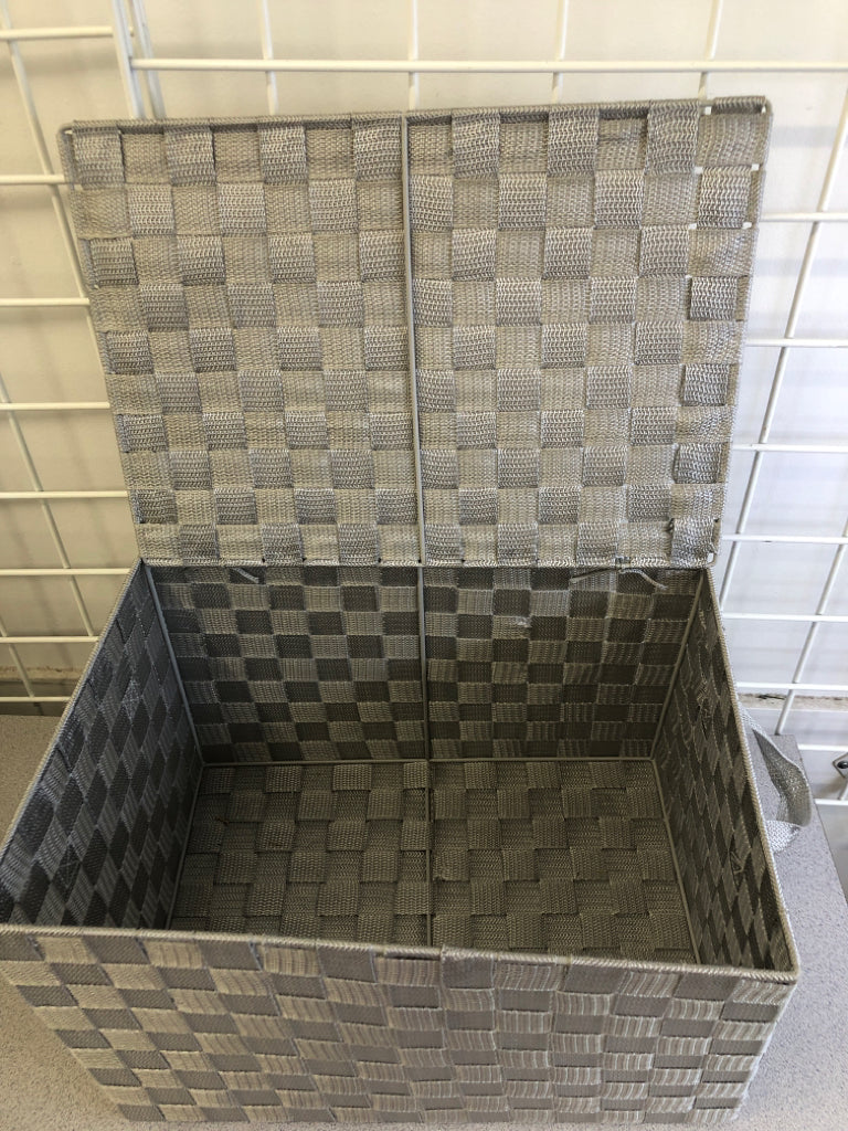 GRAY CLOTH WOVEN BASKET W/ ATTACHED LID.