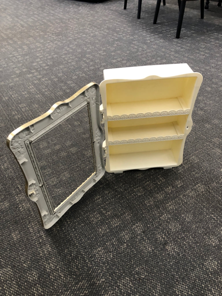 3 TIER SHELF W/GOLD PAINTED DOOR.