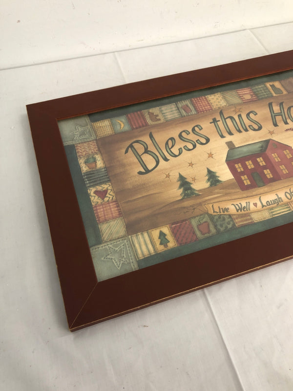 BLESS THIS HOUSE RECTANGLE PRIMITIVE WALL HANGING.