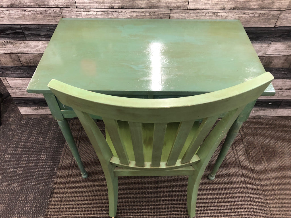 ANTIQUE GREEN PAINTED VANITY/DESK + CHAIR.