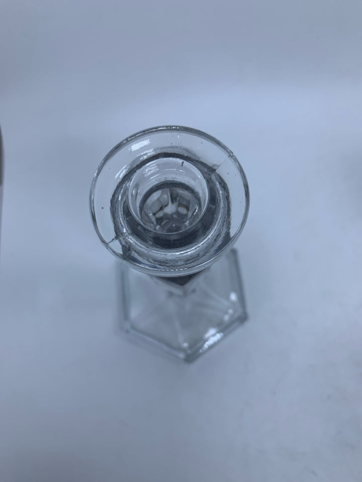 CLEAR GLASS TAPERED CANDLE HOLDER W/ HEXAGON SHAPED BOTTOM ETCHED CIRCLES.