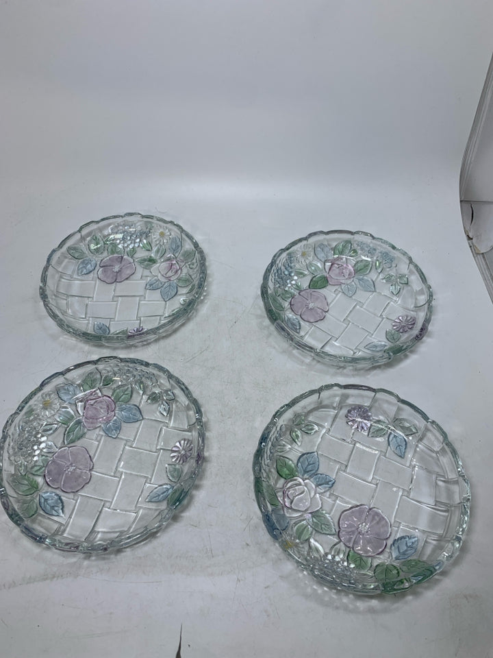 4 VTG BASKET WEAVE PASTEL FLORAL PATTERN APPETIZER PLATES.