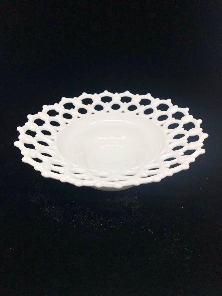 MILK GLASS LACE EDGE COMPOTE BOWL.