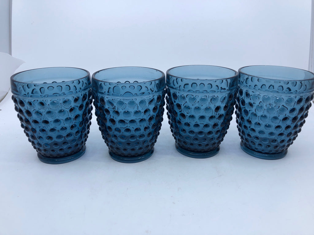 4 HOBBNAILED BLUE SHORT GLASSES.