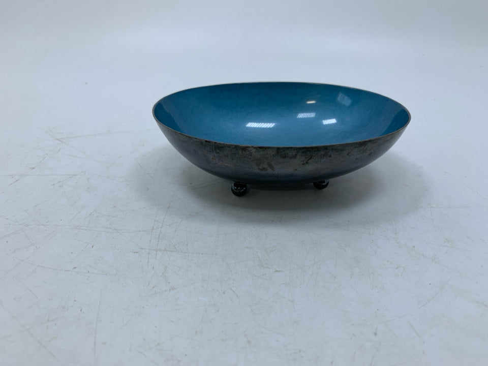 VTG BLUE ENAMEL SILVERPLATED OVAL CATCH ALL DISH REED & BARTON.