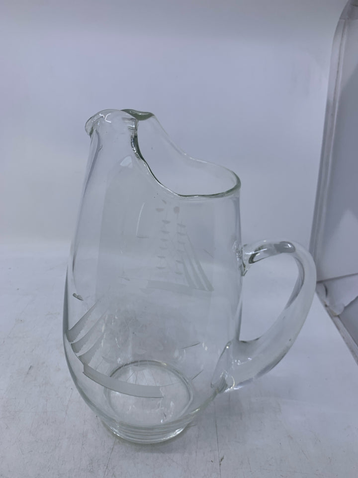 CLEAR GLASS PITCHER W/ ETCHED SAIL BOAT ICE LIP.
