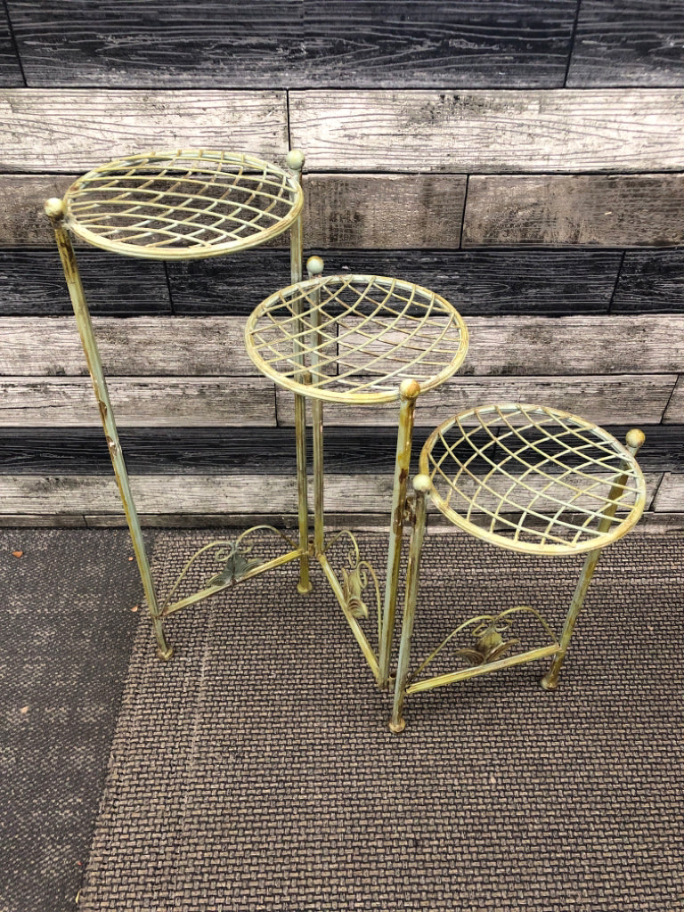 DISTRESSED 3 SECTION GREEN FOLDABLE PLANT STAND.
