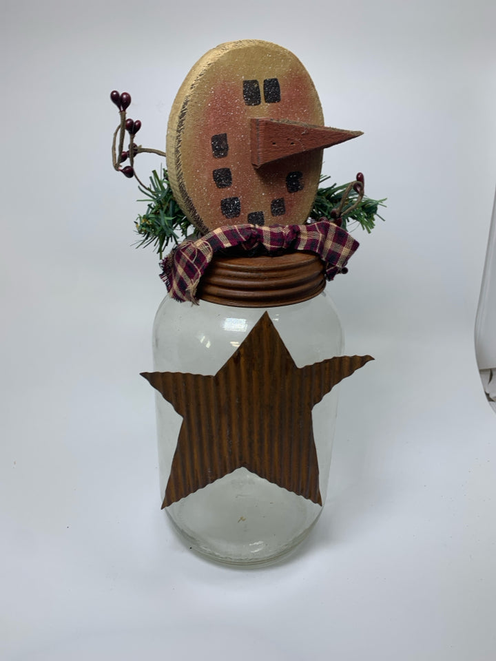 LARGE GLASS JAR W/ WOOD SNOWMAN HEAD ON COVER LAR METAL STAR.
