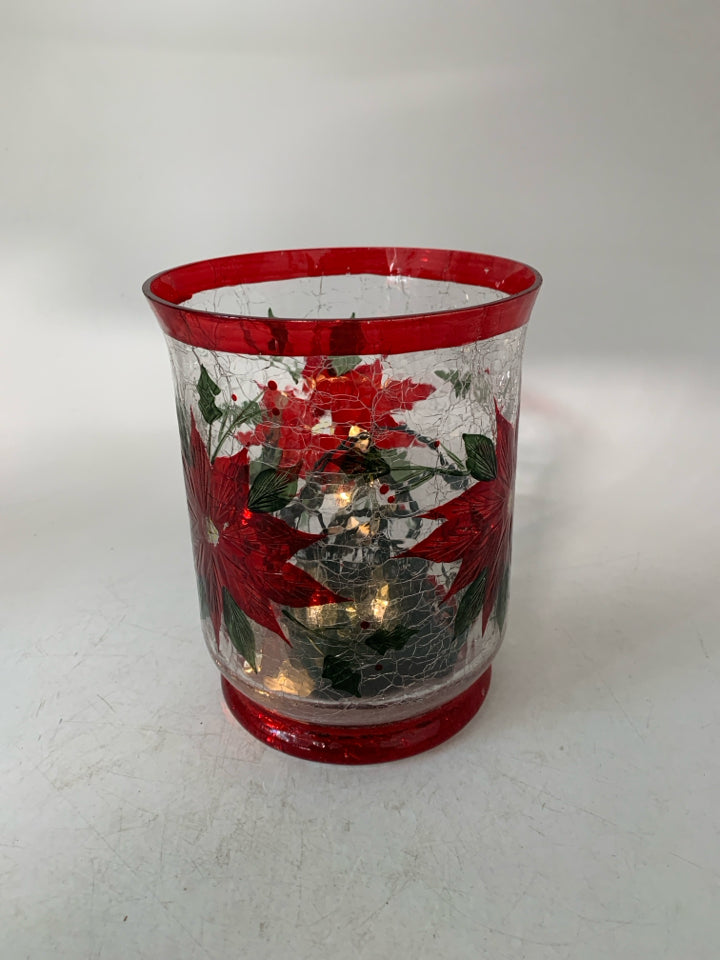 CRACKLE LARGE POINSETTIA PILLAR CANDLE HOLDER W/ STRING LIGHTS YANKEE CANDLE.