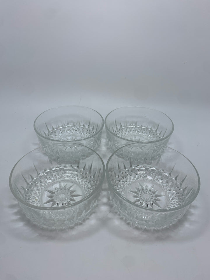 4 ACROROC FRANCE STARBURST DIAMOND CUT GLASS BOWLS.