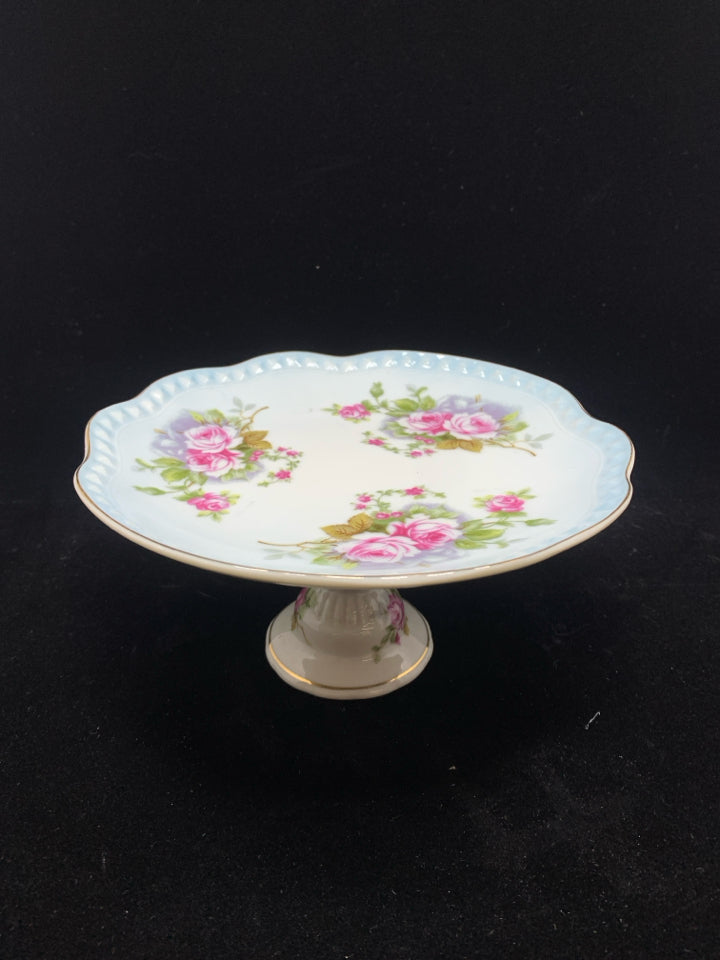 VTG ROSES PEDESTAL PLATE W/RETICULATED EDGE.