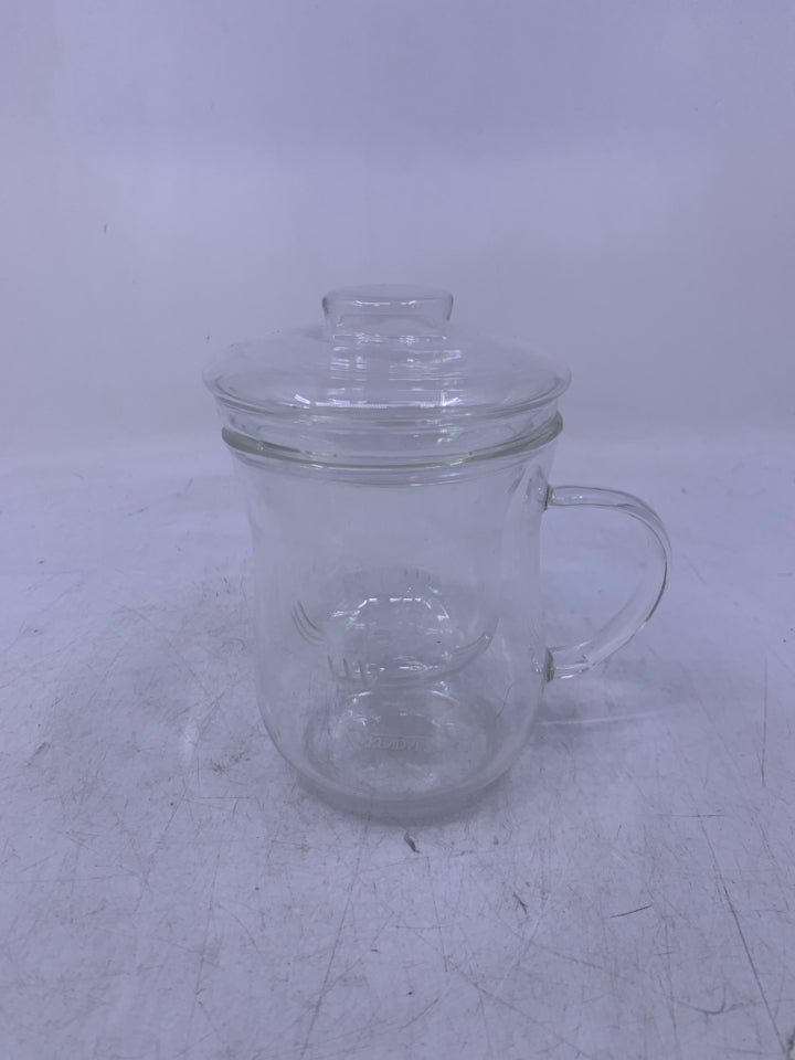 CLEAR GLASS MUG W/ INFUSER INSERT/LID.