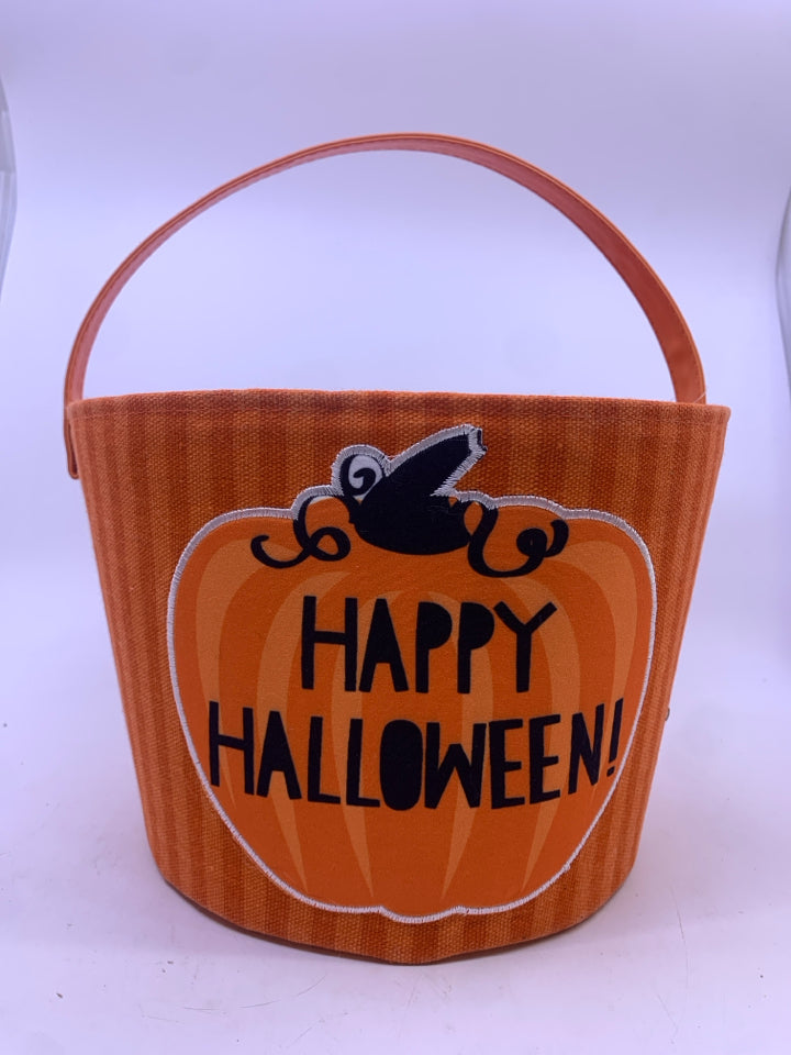 HAPPY HALLOWEEN ORANGE STRIPPED CANDY BASKET W/ HANDLE.