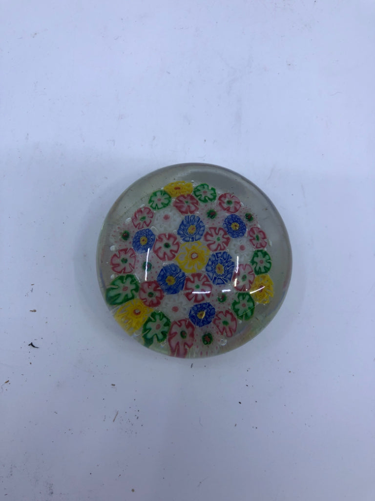 COLORFUL FLORAL BLOWN GLASS PAPER WEIGHT.