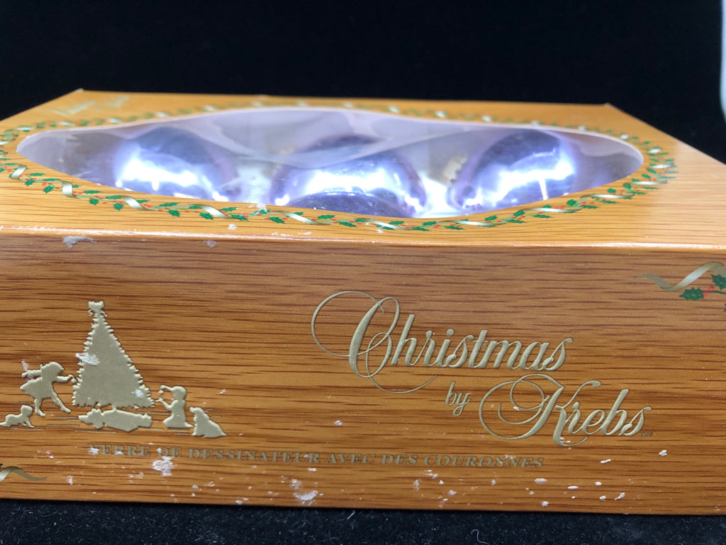 6PK VTG PURPLE GLASS ORNAMENTS IN BOX.