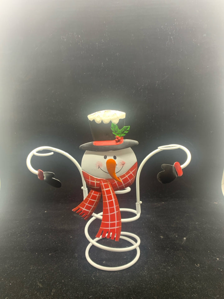 METAL SNOWMAN WINE BOTTLE AND WINE GLASS HOLDER.