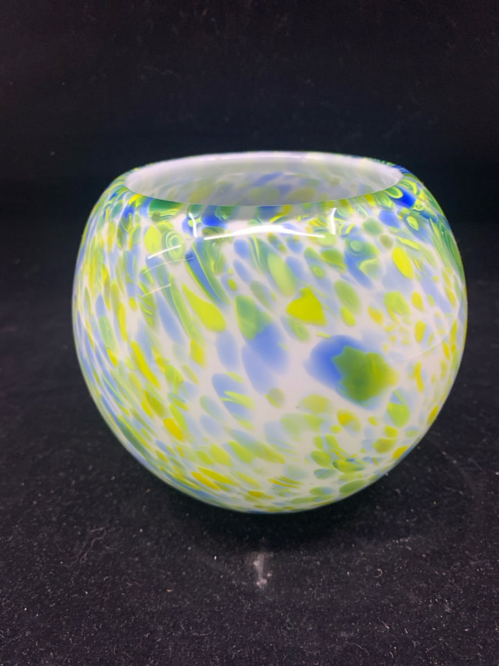 GLASS GREEN,BLUE,YELLOW SPECKLED SPHERE VASE/ CANDLE HOLDER.