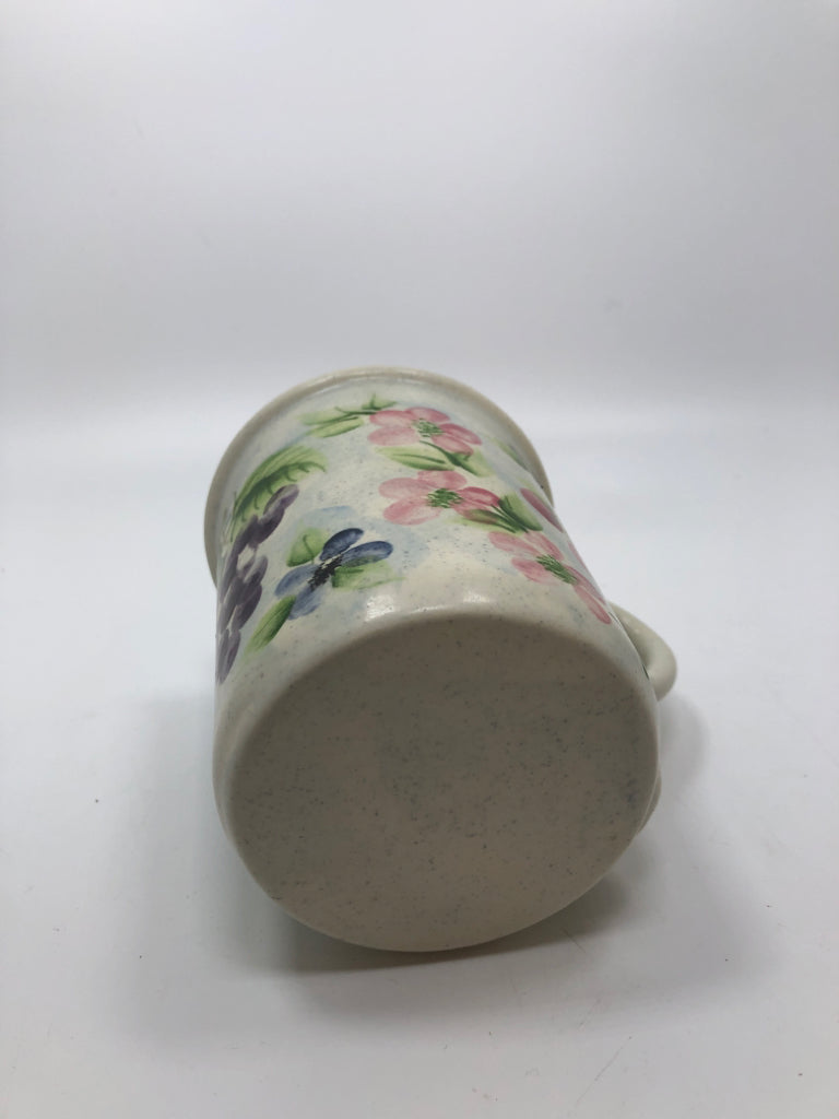 HANDPAINTED MUG W/FLOWERS & FRUIT.