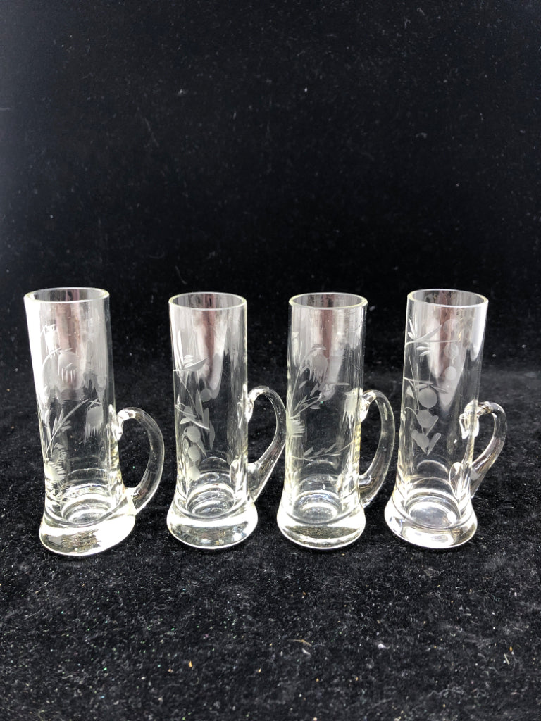 4 ETCHED FLORAL LIQUOR GLASSES.
