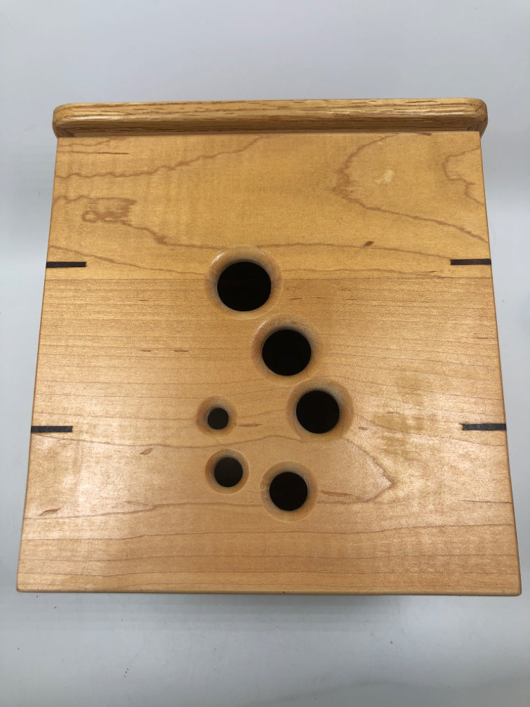 WOODEN YARN BOX W/SPIRAL CUT-OUT.