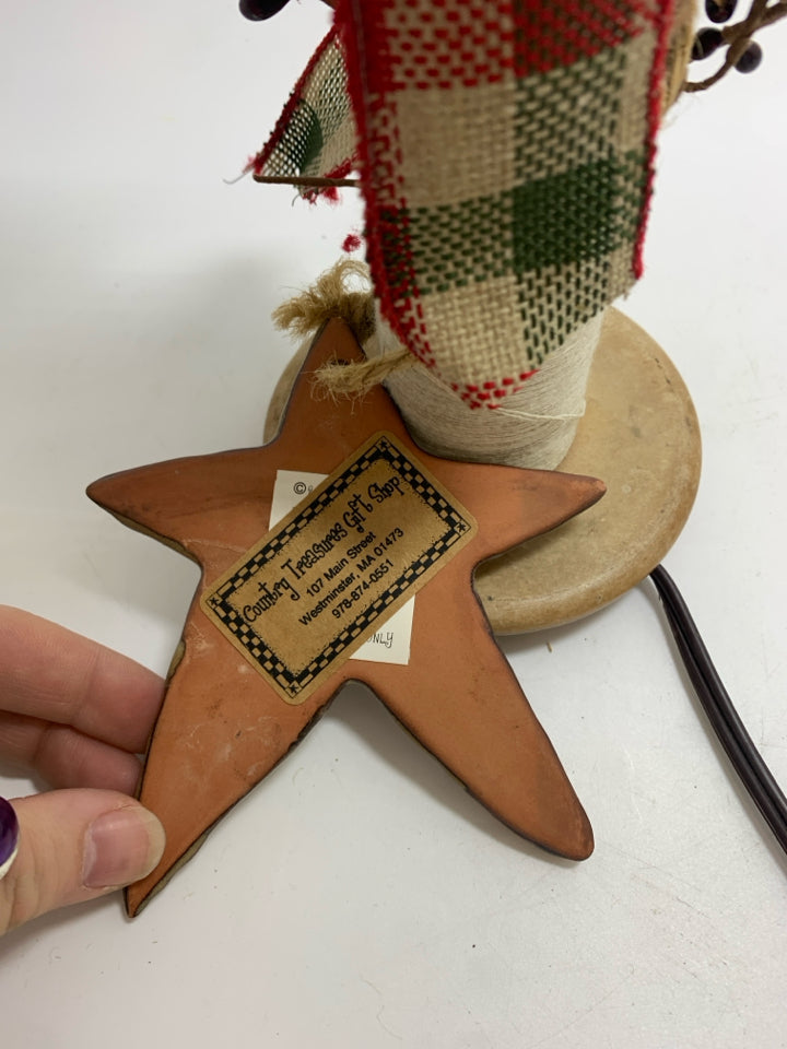 PRIMITIVE CHRISTMAS LIGHT UP CANDLE W/GREEN AND RED RIBBON.