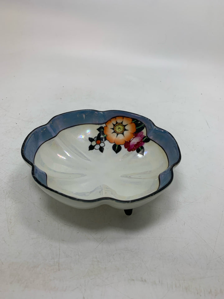 2 PC SPOON & FOOTED BOWL FLOWERS BLUE RIM.