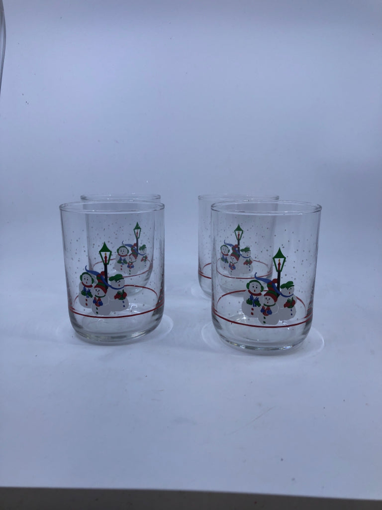 4 CAROLING SNOWMAN DRINK GLASSES.