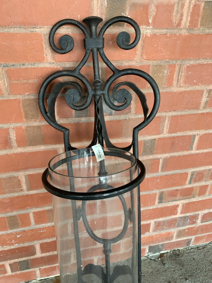 HEAVY WROUGHT IRON CLEAR GLASS DOME HANGING CANDLE HOLDER.