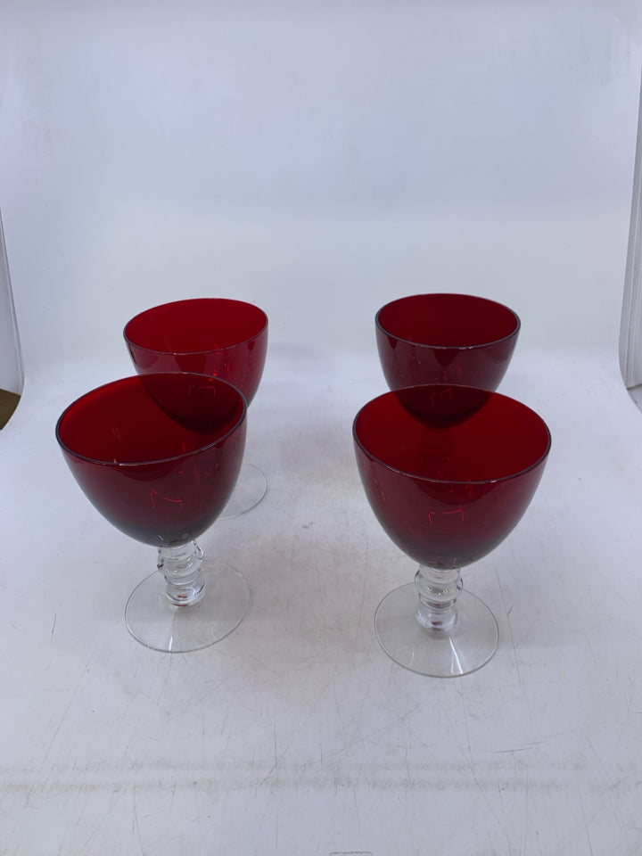 4 RED WATER/ WINE GOBLETS.