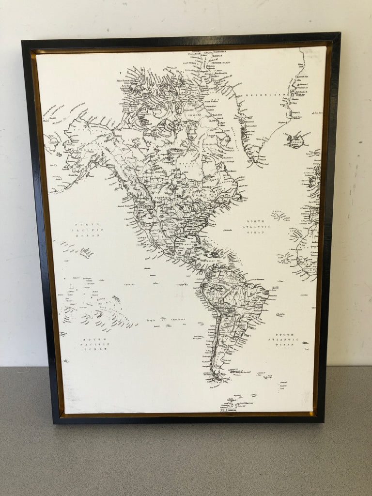MAP OF SOUTH AMERICA CANVAS IN BLACK/GOLD FRAME.