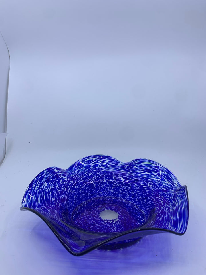 BLUE WAVY EDGE BLOWN GLASS BOWL.