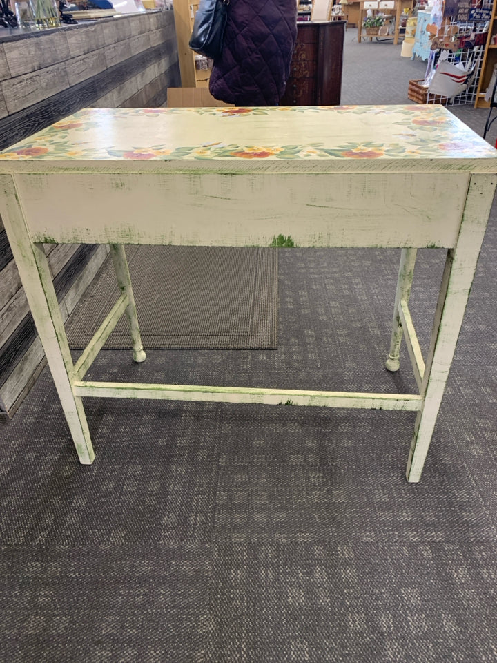 DISTRESSED GREEN FLORAL AND BEE PAINTED DESK W/ 2 DRAWERS.