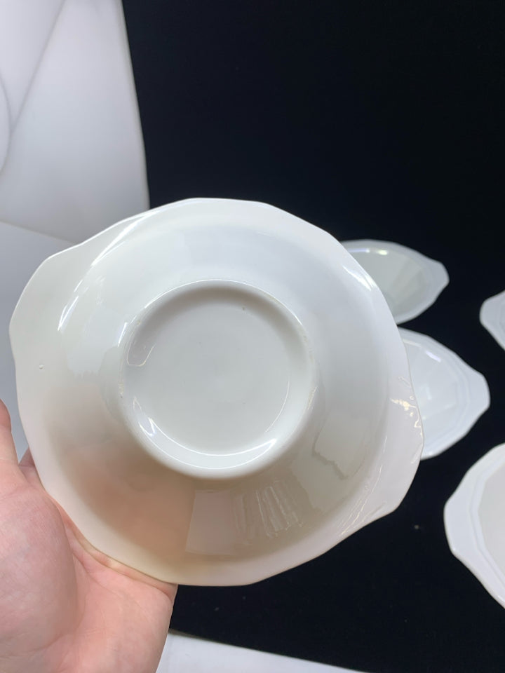 6 WHITE BOWLS W SLIGHT HANDLES.