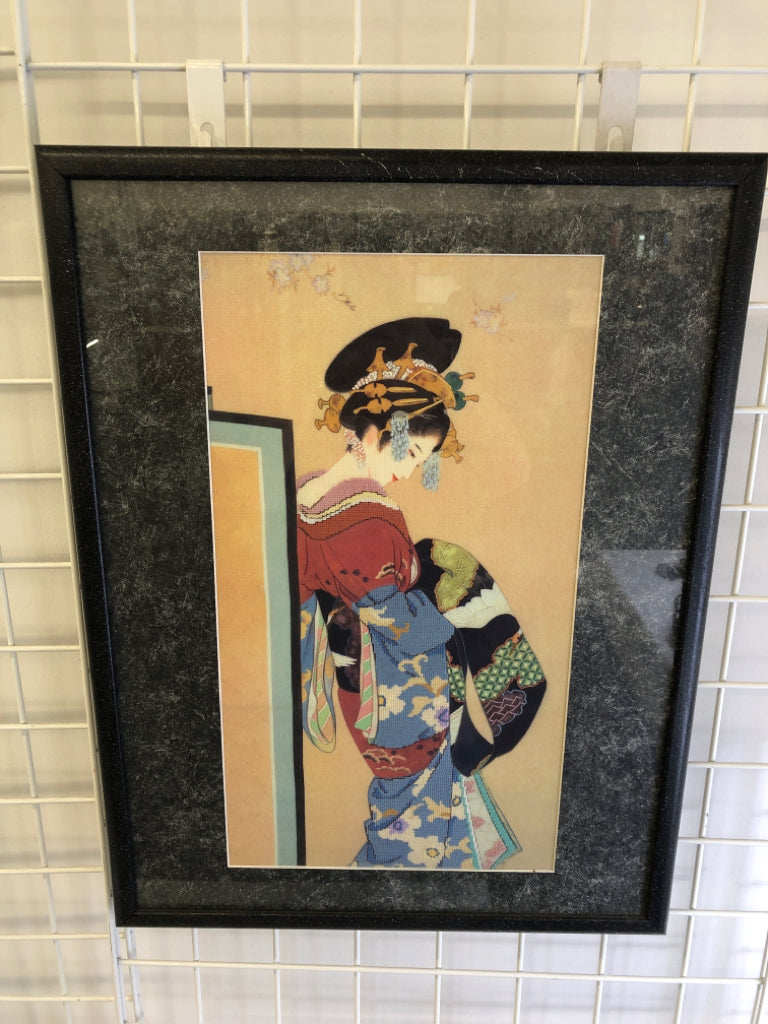 EMBROIDERED GEISHA WOMAN HOLDING BLANKETS FRAMED PRINT.