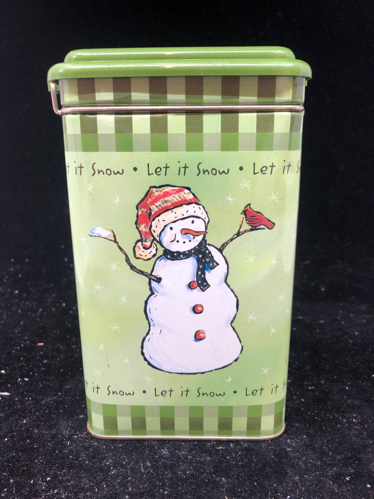 GREEN SNOWMAN METAL TIN.