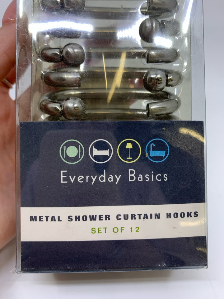NIP BRUSHED NICKEL SHOWER CURTAIN HOOKS.