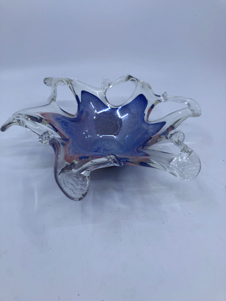 BLUE AND PINK BLOWN GLASS BOWL.