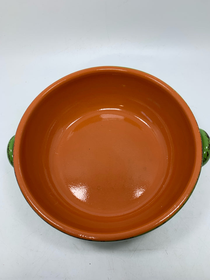GREEN TERRA COTTA SERVING BOWL MADE IN ITALY DOUBLE HANDLED.