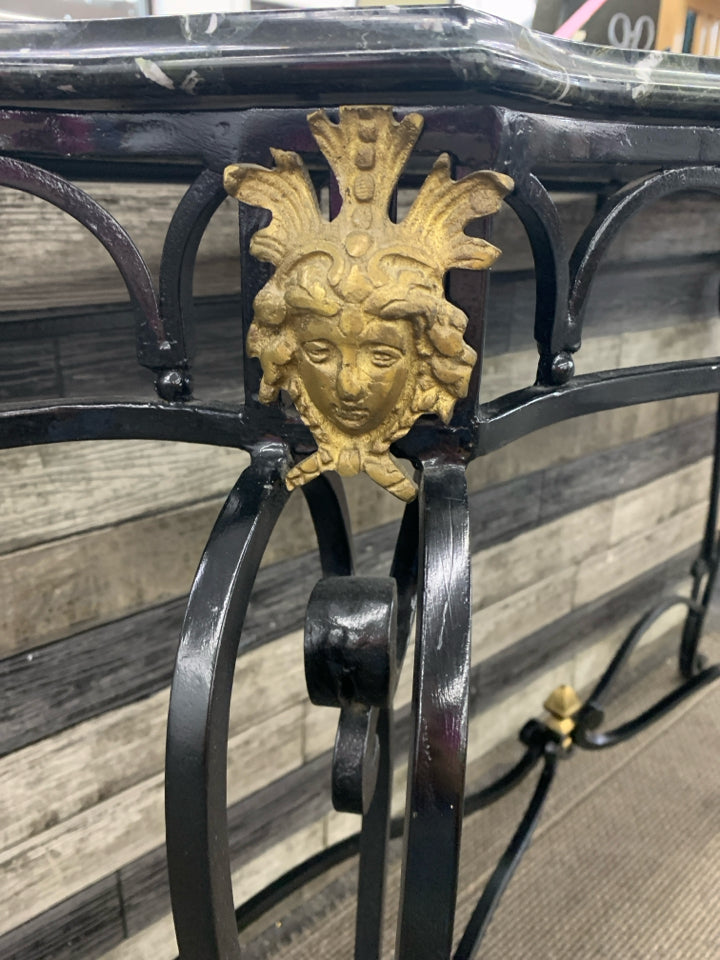 BLACK WROUGHT IRON BLACK MARBLE TOP CONSOLE TABLE.