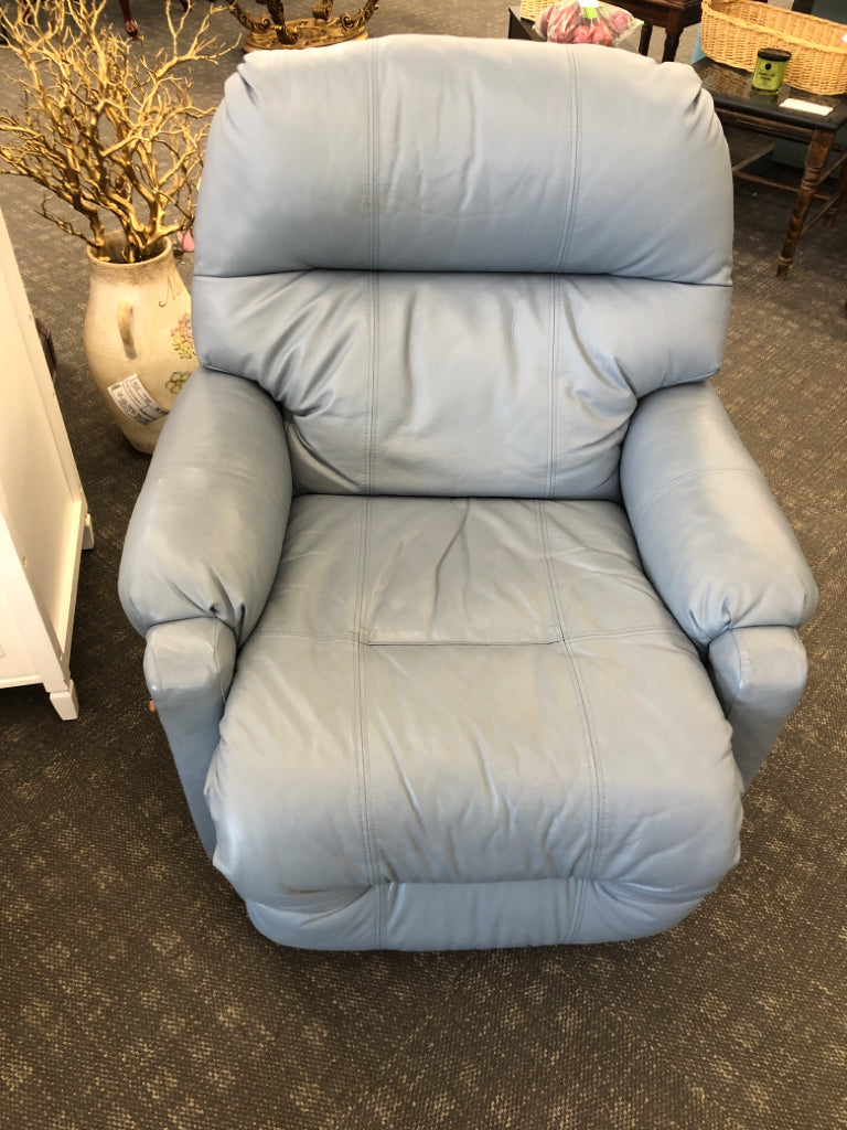 LIGHT BLUE LEATHER ROCKER RECLINER.