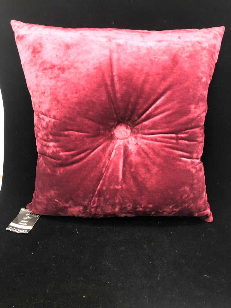 RED VELVET PILLOW W/GOLD+DIAMOND BUTTON.