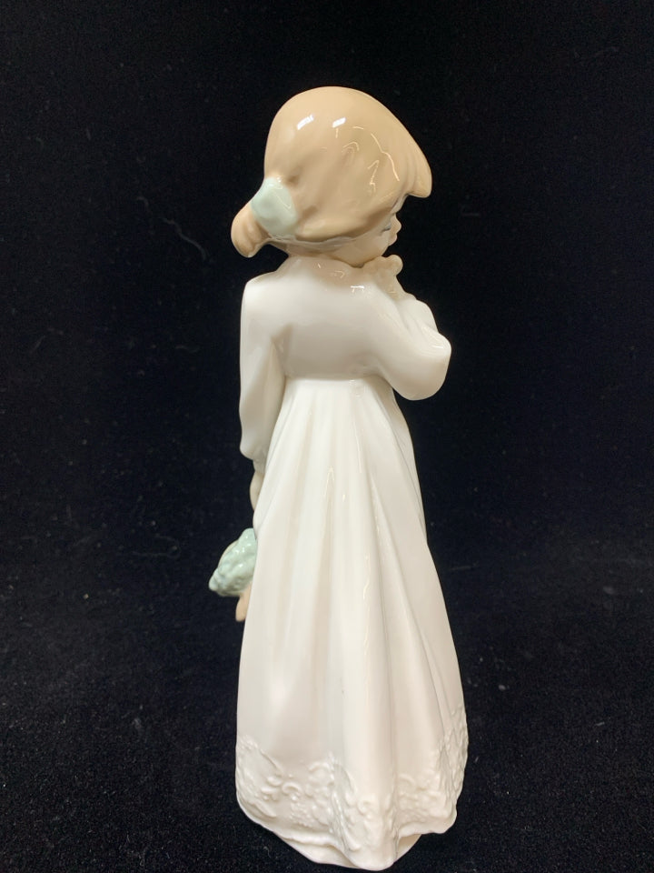 VTG "MY RAG DOLL" CHILD W/STUFFED ANIMAL FIGURINE.
