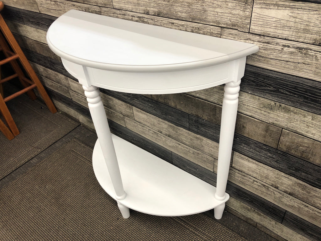 WHITE W GREY HALF MOON TABLE W BOTTOM STORAGE.