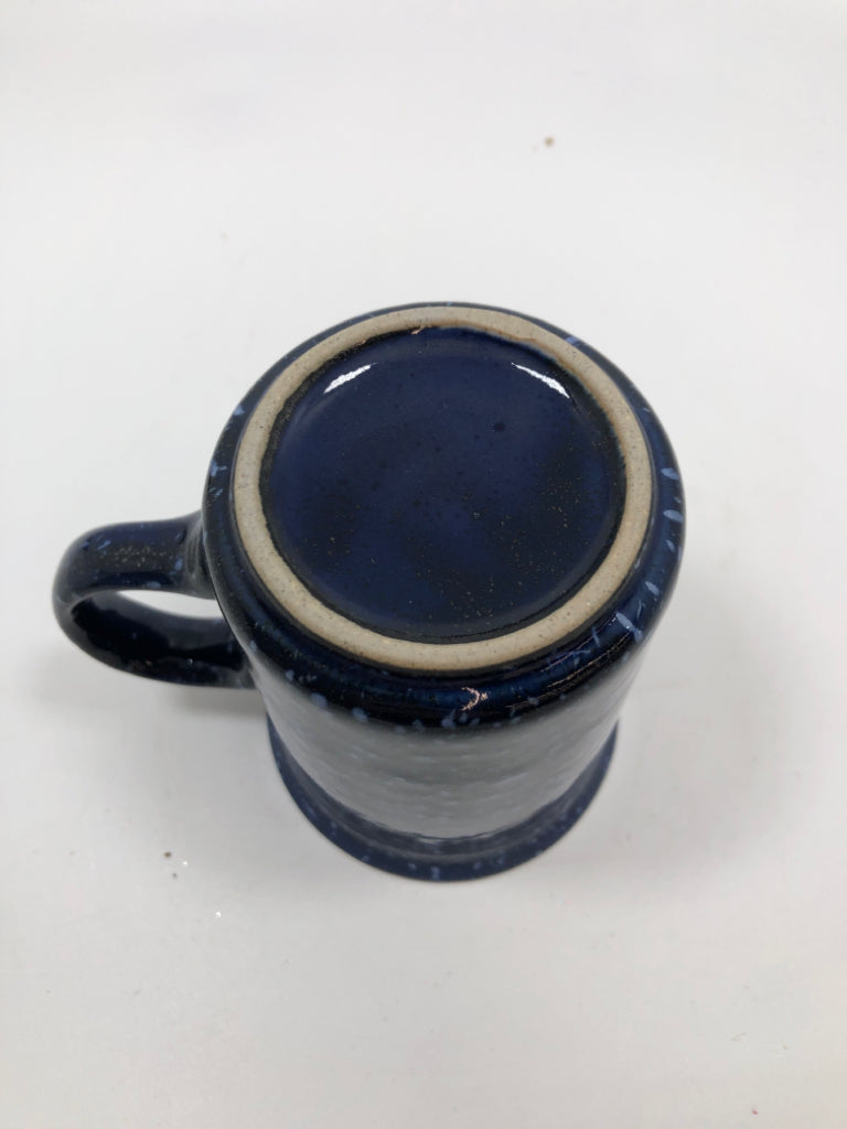 4 COBALT BLUE SPECKLED MUGS.