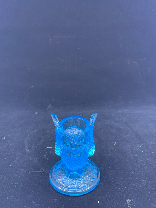 LIGHT BLUE GLASS MATCH HOLDER W/ WINGS SPREAD OWL.