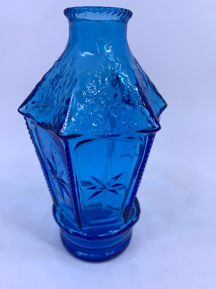 BLUE GLASS HEXAGONAL VASE W/STARS.