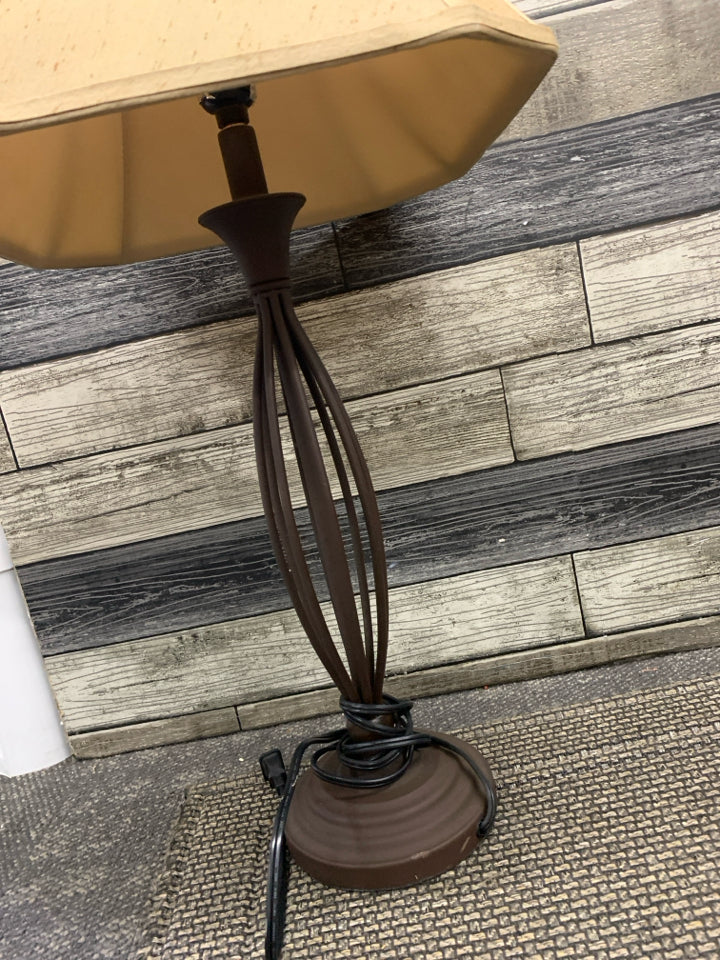BROWN METAL LAMP W/ TAN SHADE.